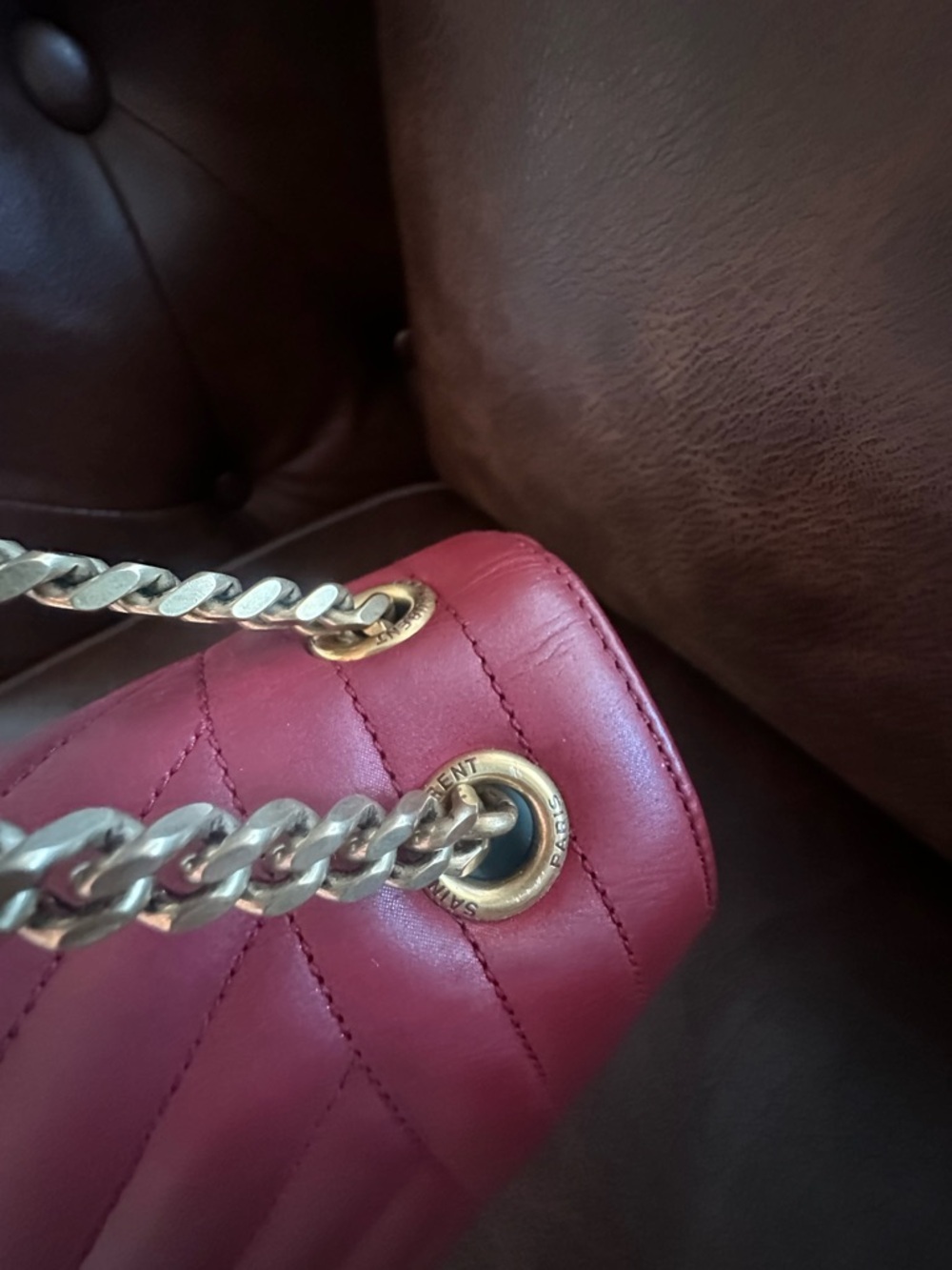 Saint Laurent Red Quilted Leather Monogram Chain Shoulder Bag - Picture 11 of 16